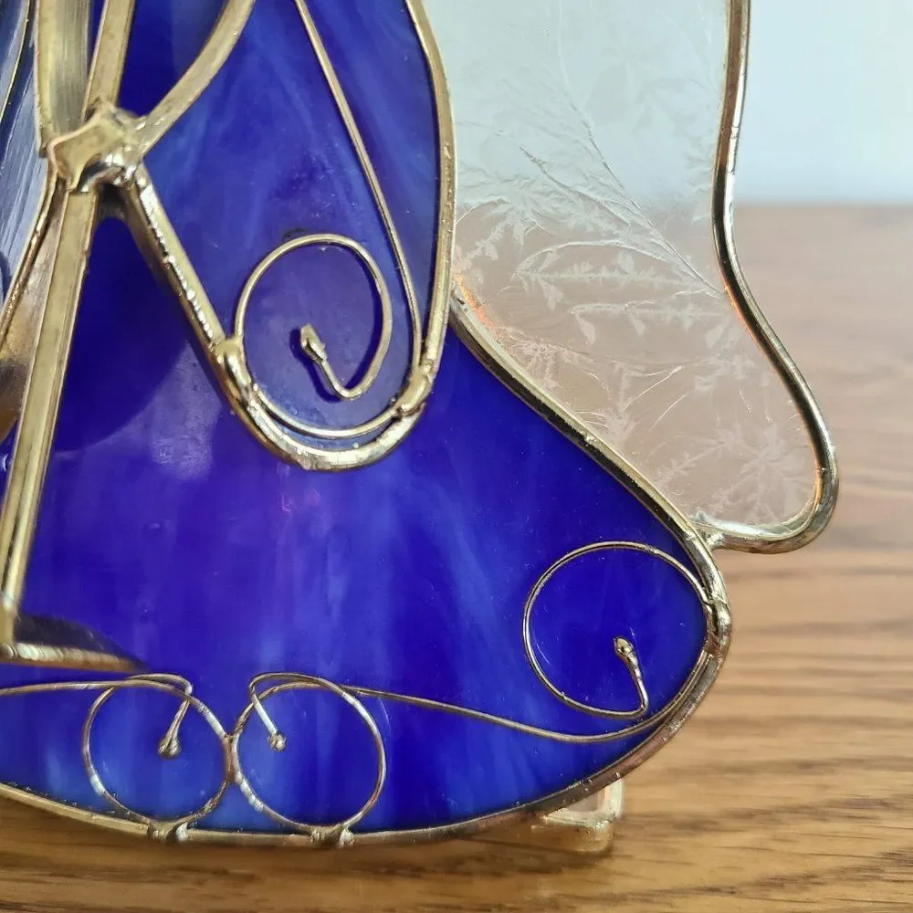 Vintage Stained Glass Tealight Holder Angel Trumpet Candle Display Cobalt Blue